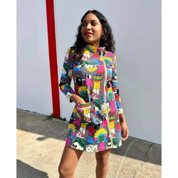 Nooworks Art Teacher Jacket Dress Medium Gold Zipper Colorful Fun Cotton Blend